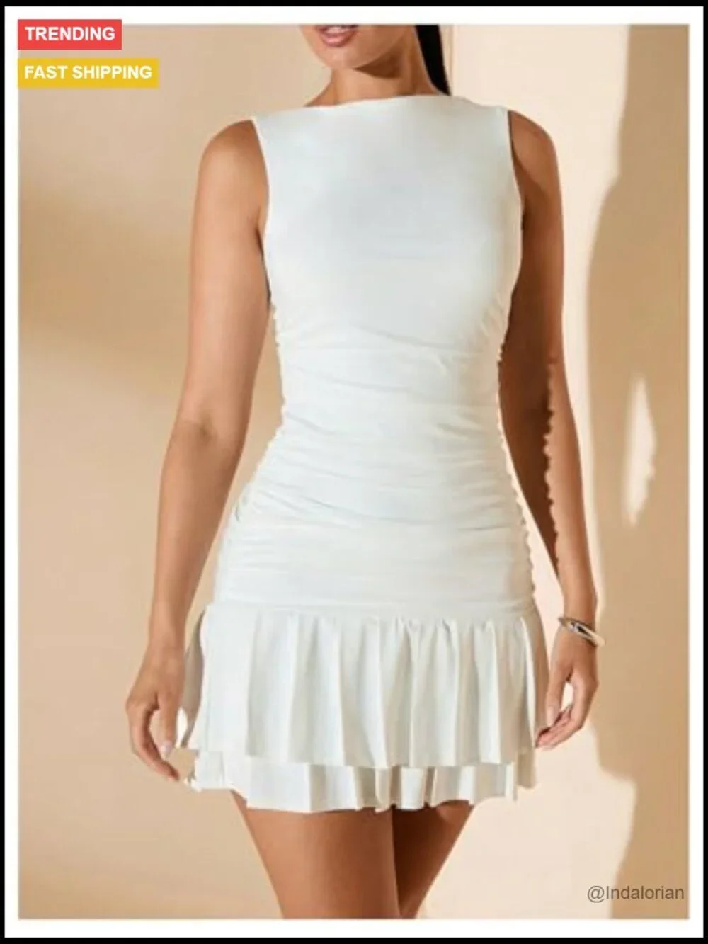 Polyester Blend Sleeveless Ruched Ruffle Hem Mini Dress